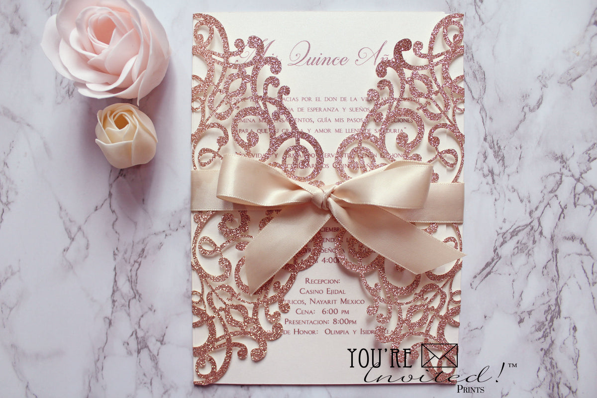 rose gold sparkle dress quinceanera invitation Rose Gold Sparkle Dress Thank you card Quinceaera
