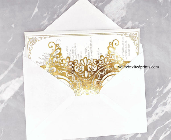 Gold Masquerade Mask Laser Cut Invitation, Shiny Gold Mask Quinceañera Invite