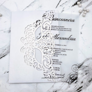 Elegant White Shimmer Masquerade Laser Cut Quinceañera Sweet 16 Invitation