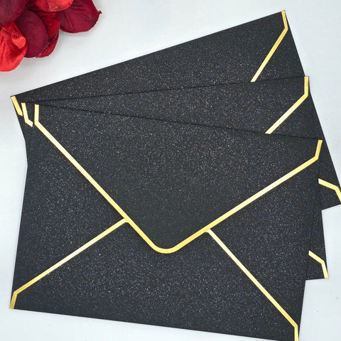 Black Shimmer Envelopes with Gold Foil Border, Elegant Black Envelopes 5.3 x 7.6 in