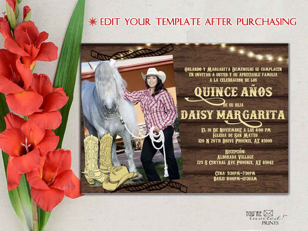 Digital Invitation Template - 5x7 Editable Invitation - Western Cowboy Country Sweet 16 Quinceañera Invitation, Printable DIY