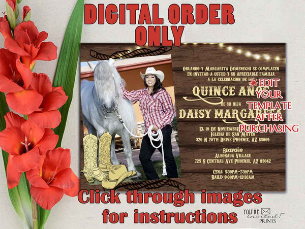 Digital Invitation Template - 5x7 Editable Invitation - Western Cowboy Country Sweet 16 Quinceañera Invitation, Printable DIY