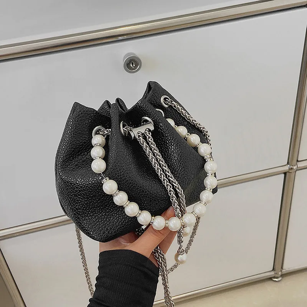 Elegant Black Drawstring Bag with Faux Pearl and Chain Strap