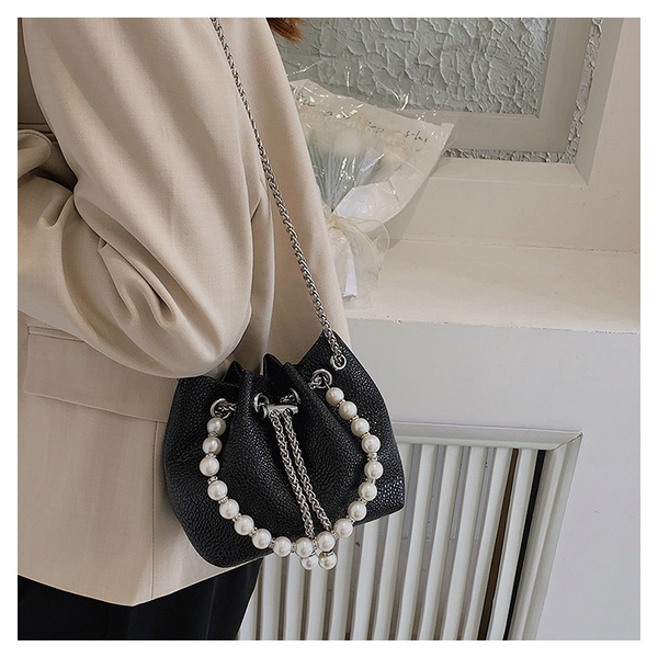 Elegant Black Drawstring Bag with Faux Pearl and Chain Strap