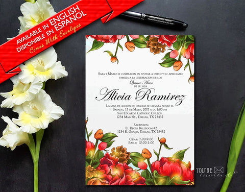 Red Vintage flower Quinceañera or Sweet Sixteen invitation