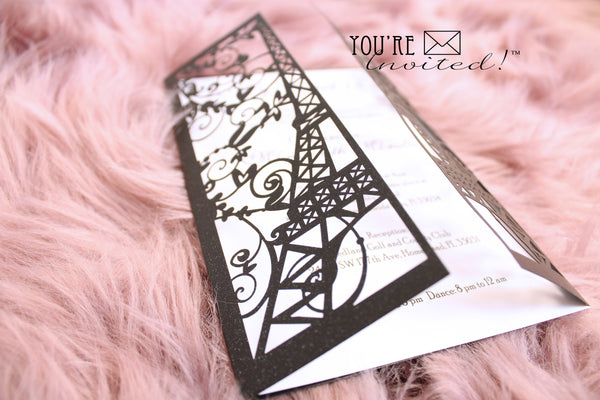 Black Unique Paris Quinceanera Invite, Eiffel Tower Laser Cut Invitation color Black