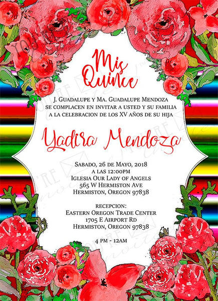 Red Flowers Mexican party theme Quinceañera invite or Sweet Sixteen invite with envelopes