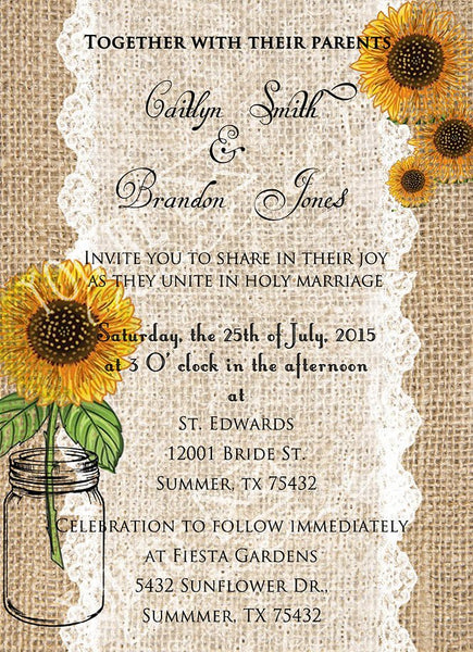 Sunflower and burlap summer wedding invitation