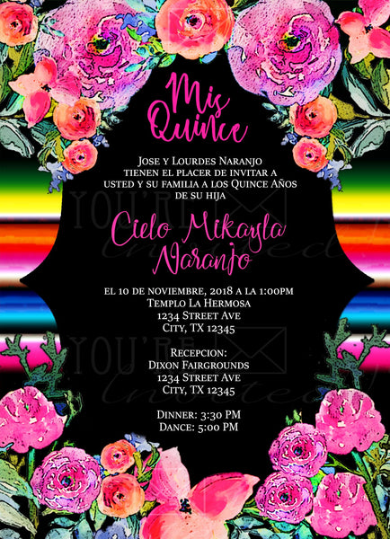 Mexican Flowers Theme Quinceañera Invitation or Sweet Sixteen Invitation