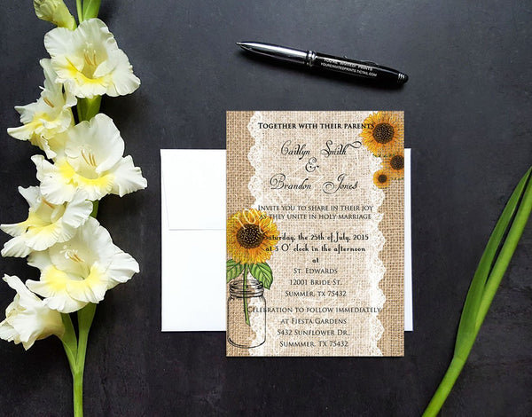 Sunflower and burlap summer wedding invitation