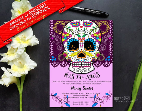 Dia de los Muertos/Day of the DeadQuinceañera invite or Sweet Sixteen invite with envelopes