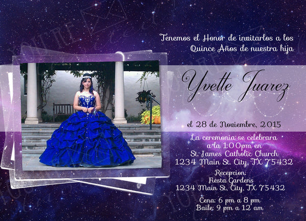 Galaxy and stars theme with photo Quinceañera or Sweet Sixteen invitation with envelopes