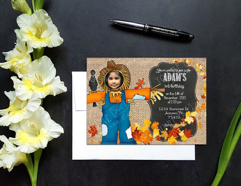 Scarecrow Fall theme birthday invitation