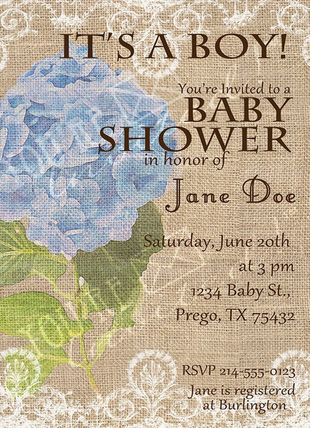 Hydrangea burlap baby shower flower theme