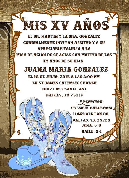 Western Boots theme Quinceañera or Sweet sixteen invitation