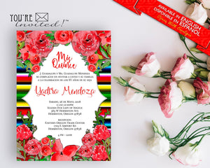 Red Flowers Mexican party theme Quinceañera invite or Sweet Sixteen invite with envelopes