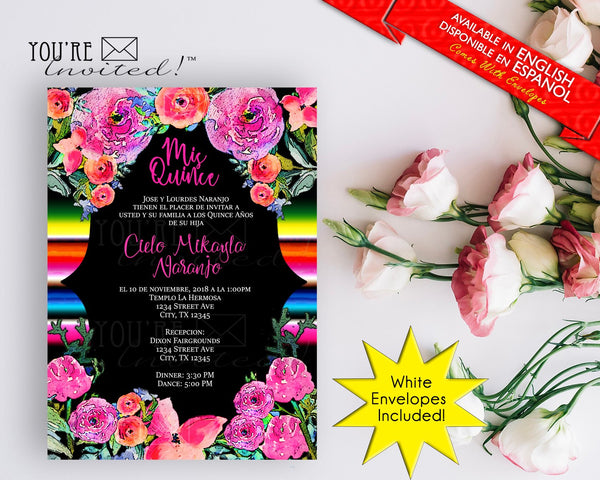 Mexican Flowers Theme Quinceañera Invitation or Sweet Sixteen Invitation