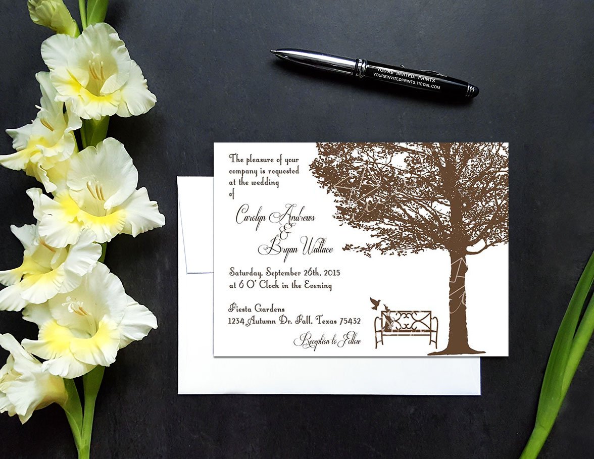 Minimalist tree and bench fall wedding invitation