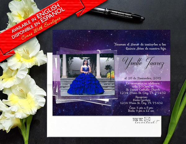 Galaxy and stars theme with photo Quinceañera or Sweet Sixteen invitation with envelopes