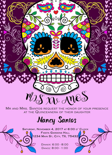 Dia de los Muertos/Day of the DeadQuinceañera invite or Sweet Sixteen invite with envelopes