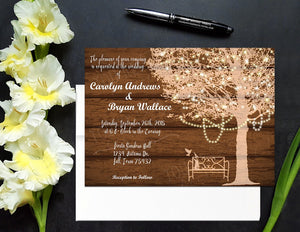 Wood-look country-style and lights wedding invitation