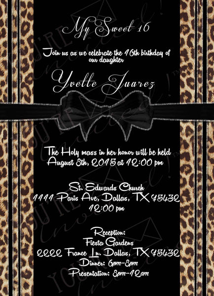 Fancy cheetah print Quinceañera or Sweet Sixteen invitation