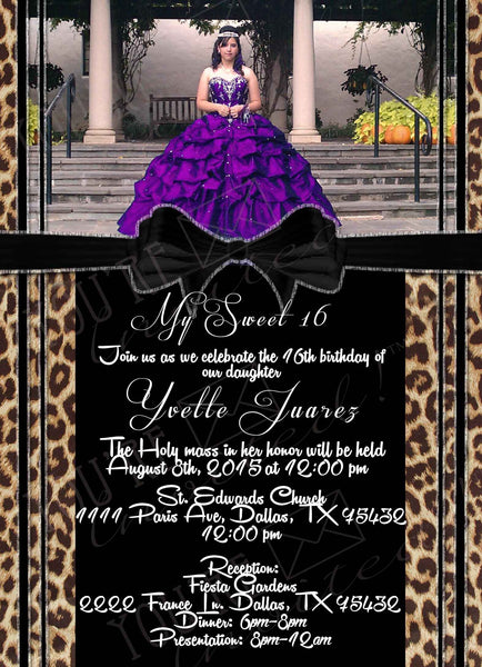 Fancy cheetah print Quinceañera or Sweet Sixteen invitation