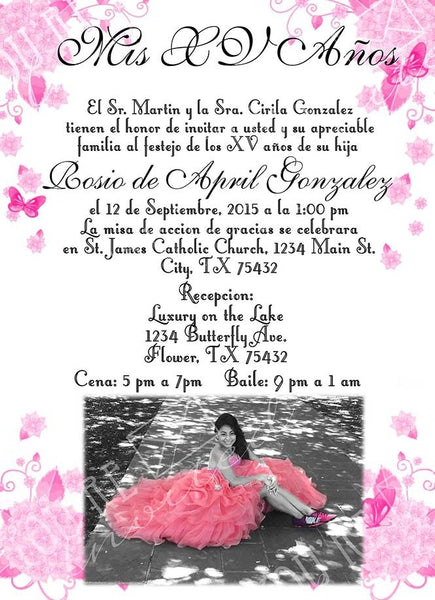 Hydrangea flower and butterflies theme Quinceañera or Sweet Sixteen invitation