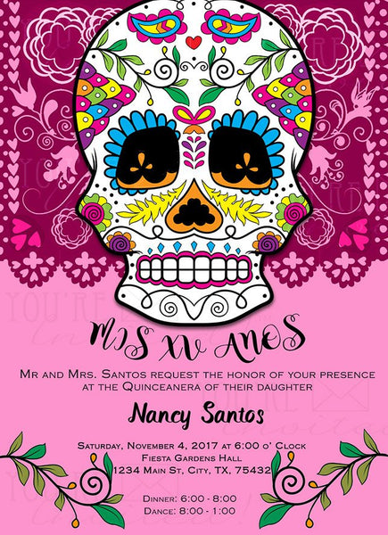 Dia de los Muertos/Day of the Dead Pink Quinceañera invite or Sweet Sixteen invite with envelopes