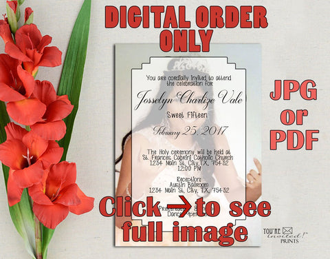 Digital Invite -Full photo quinceanera invitation, Elegant xv photo invite