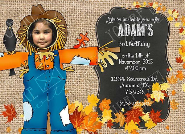 Scarecrow Fall theme birthday invitation