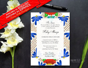 Mexican talavera theme Quinceañera invite or Sweet Sixteen invite with envelopes