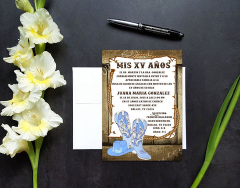 Western Boots theme Quinceañera or Sweet sixteen invitation