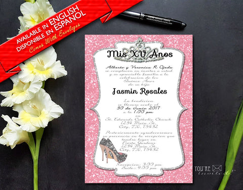 Princess crown heels Glitter Quinceañera invitation or Sweet sixteen invitation