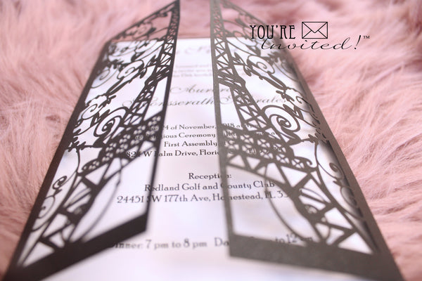 Black Unique Paris Quinceanera Invite, Eiffel Tower Laser Cut Invitation color Black