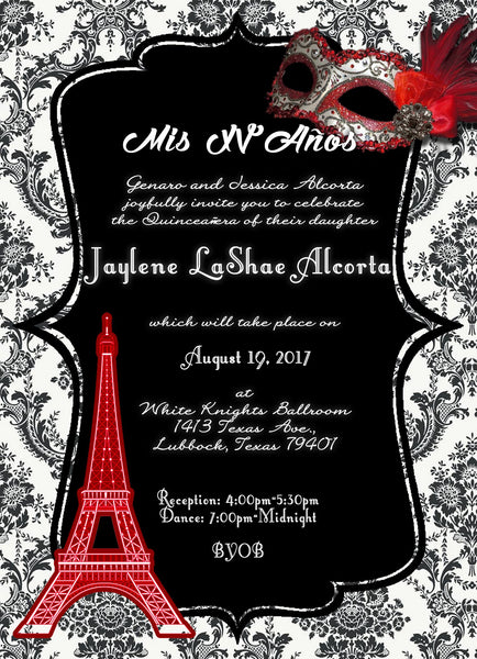 Masquerade Mask and Paris Eiffel Tower theme Quinceañera or Sweet Sixteen with envelopes