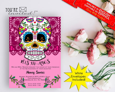 Dia de los Muertos/Day of the Dead Pink Quinceañera invite or Sweet Sixteen invite with envelopes