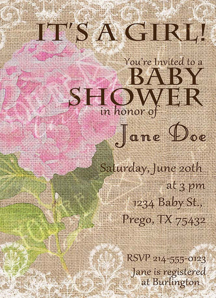 Hydrangea burlap baby shower flower theme