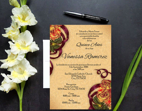 Floral Vintage Rose Quinceañera or Sweet Sixteen invitation