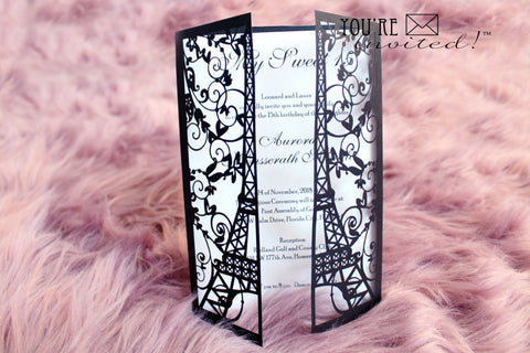 Black Unique Paris Quinceanera Invite, Eiffel Tower Laser Cut Invitation color Black