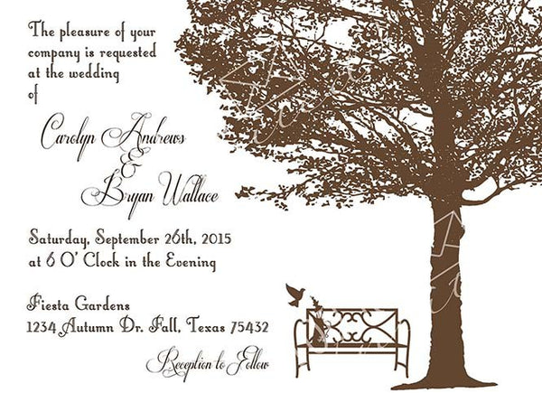 Minimalist tree and bench fall wedding invitation