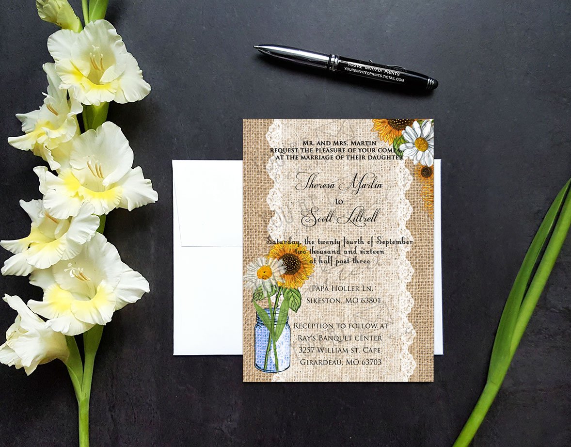 Sunflower, Daisies, and burlap Summer wedding invitation