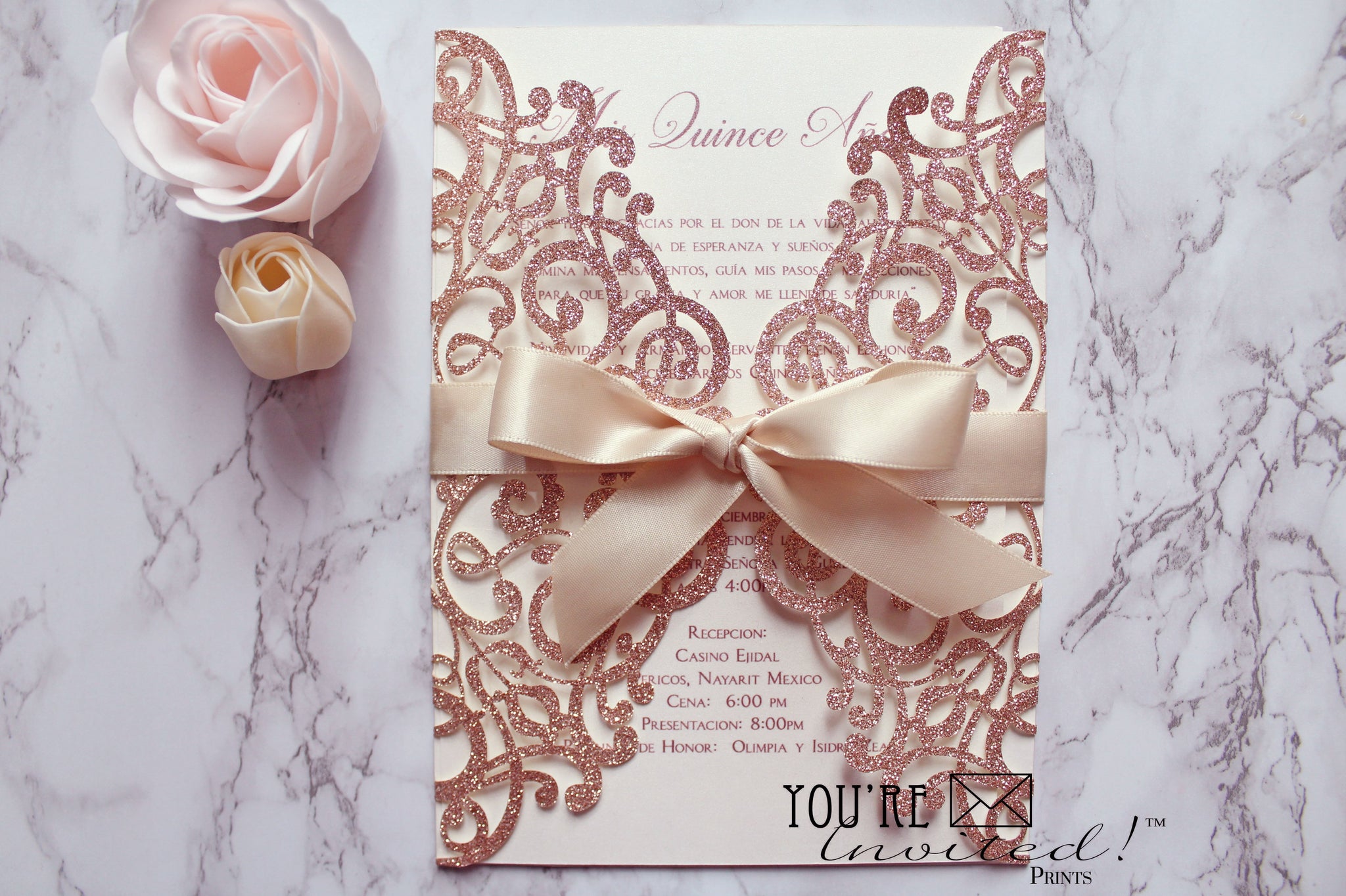 Rose Gold Glitter Quinceañera Sweet 16 Invitation – YoureInvitedPrints