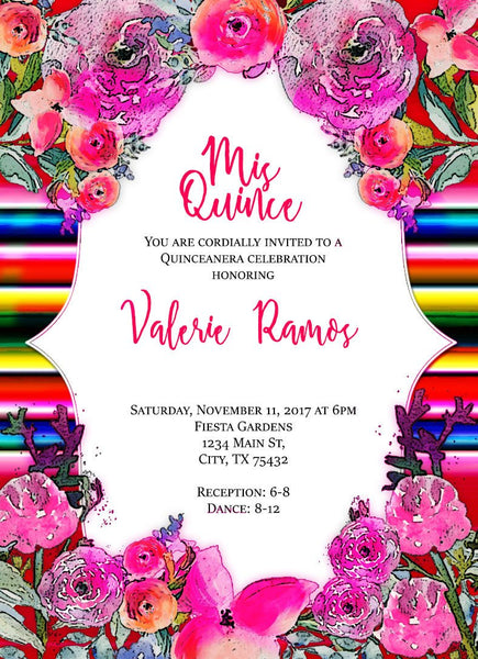 Mexican party theme Quinceañera invite or Sweet Sixteen invite with envelopes