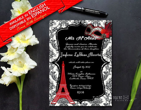 Masquerade Mask and Paris Eiffel Tower theme Quinceañera or Sweet Sixteen with envelopes