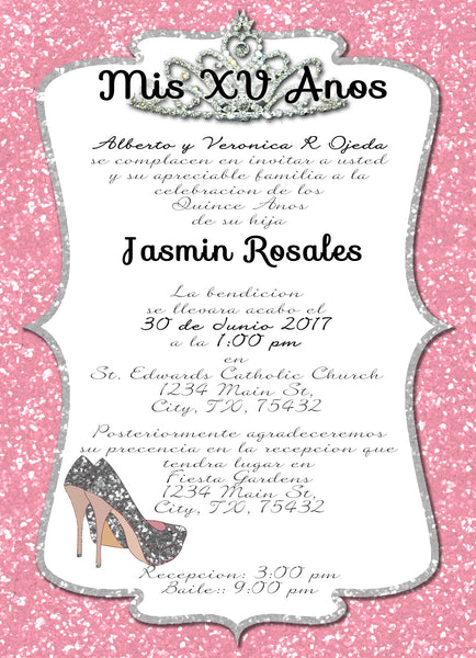 Princess crown heels Glitter Quinceañera invitation or Sweet sixteen invitation