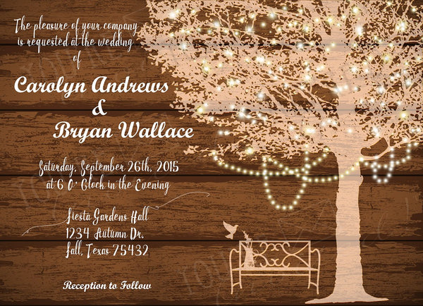 Wood-look country-style and lights wedding invitation