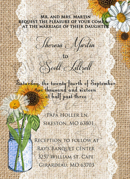 Sunflower, Daisies, and burlap Summer wedding invitation