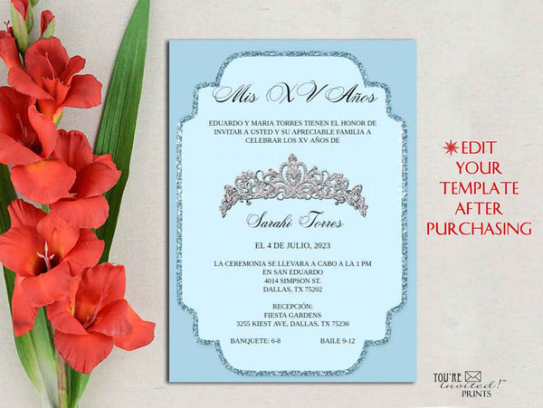 Digital Invitation Template - 5x7 Editable Invitation - Blue Elegant Princess Crown Quinceañera Sweet 16 invitation, Printable DIY