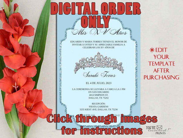 Digital Invitation Template - 5x7 Editable Invitation - Blue Elegant Princess Crown Quinceañera Sweet 16 invitation, Printable DIY